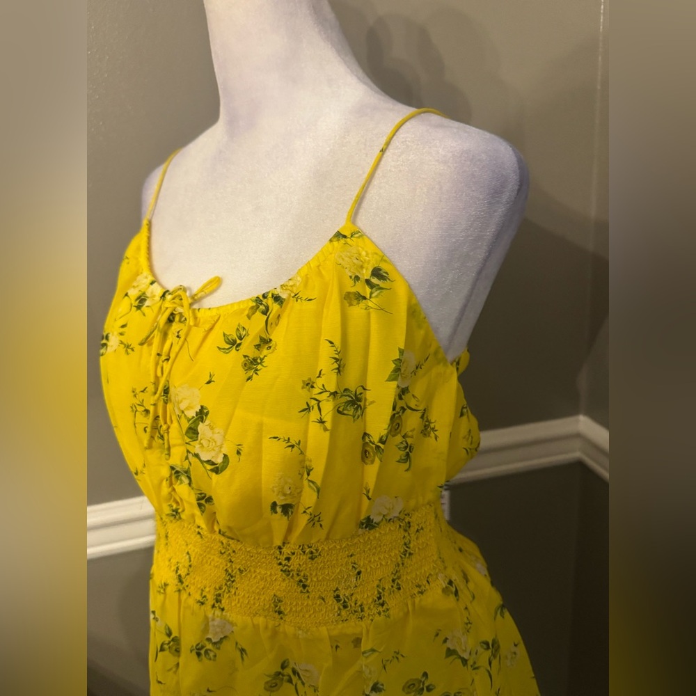 $395 Alice + Olivia Womens Yellow Smocked Waist Floral Cotton & Silk Dress Sz 10 - Picture 5 of 8